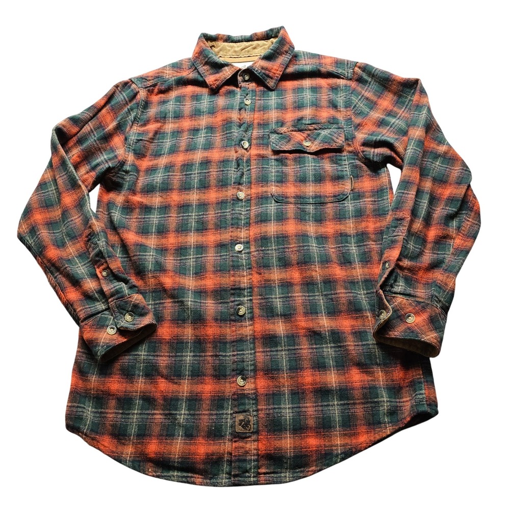 Legendary Whitetails Buck Camp Flannel Shirt Mens SM Orange Plaid Hunting Shirt